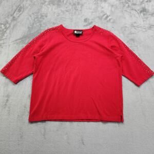 Vintage Christine Alexander Top Womens XL Red Silver Sequins Sparkle 3/4 Sleeves